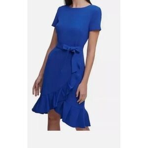 Calvin Klein Women's Ruffled Tulip Hem Crepe Dress Faux Wrap Royal Blue Size 10